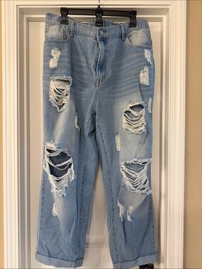 SHEIN Light Blue Distressed Wide Leg Jeans